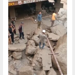 Flash Floods near Manikaran damage buildings